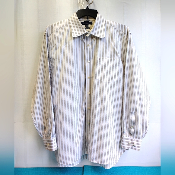 Tommy Hilfiger 80's Two Ply Cotton Men's Tan/White Striped Shirt XL - Picture 1 of 8